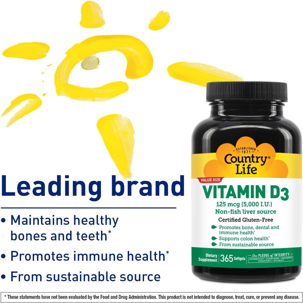 Country Life Vitamina D3 5000 UI – Alta Potencia, Sin Pescado, Apoya la Salud Ósea e Inmune – 365 Cápsulas Blandas, Certificado Sin Gluten