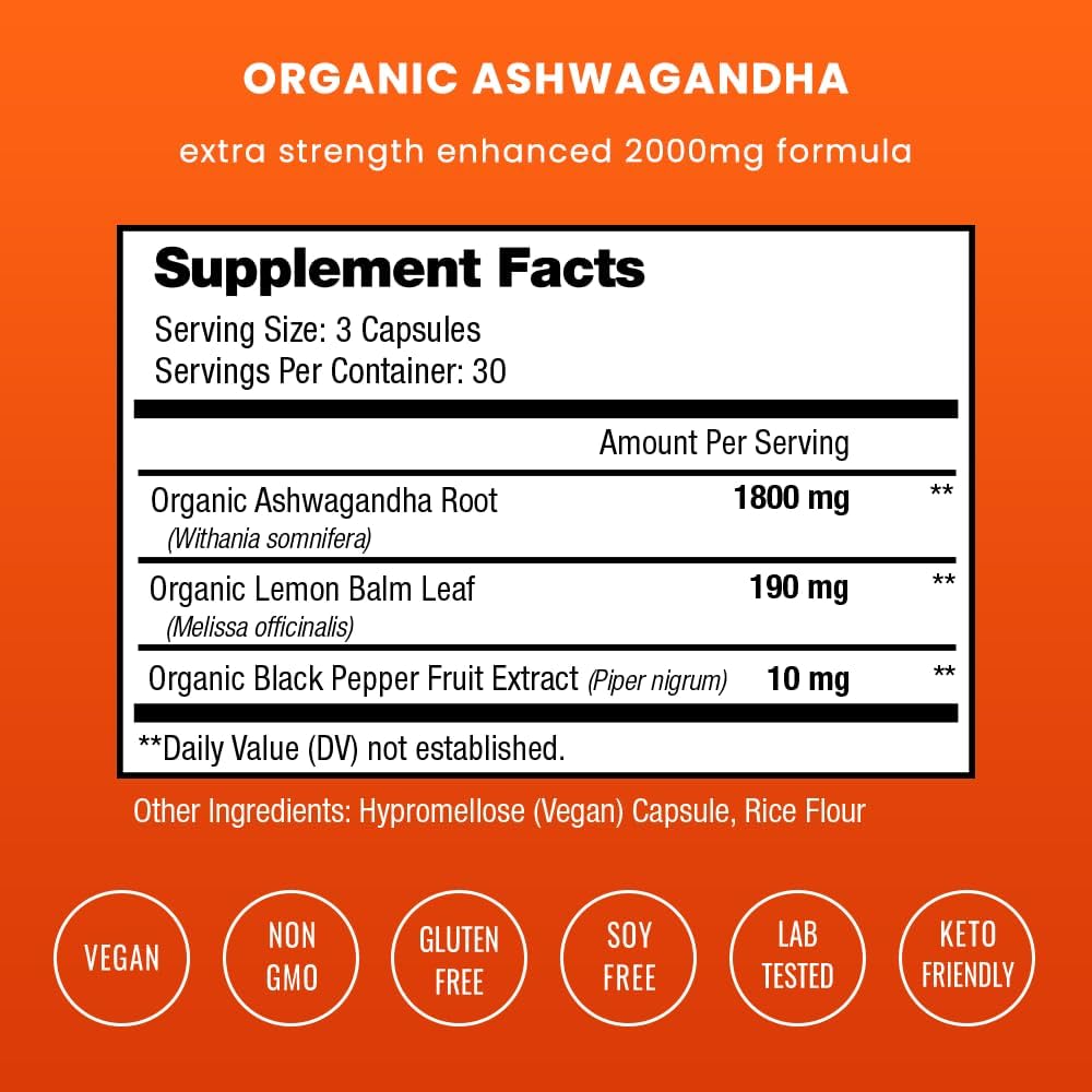NutraChamps Ashwagandha Orgánica en Cápsulas, 2000mg con Melisa y Pimienta Negra