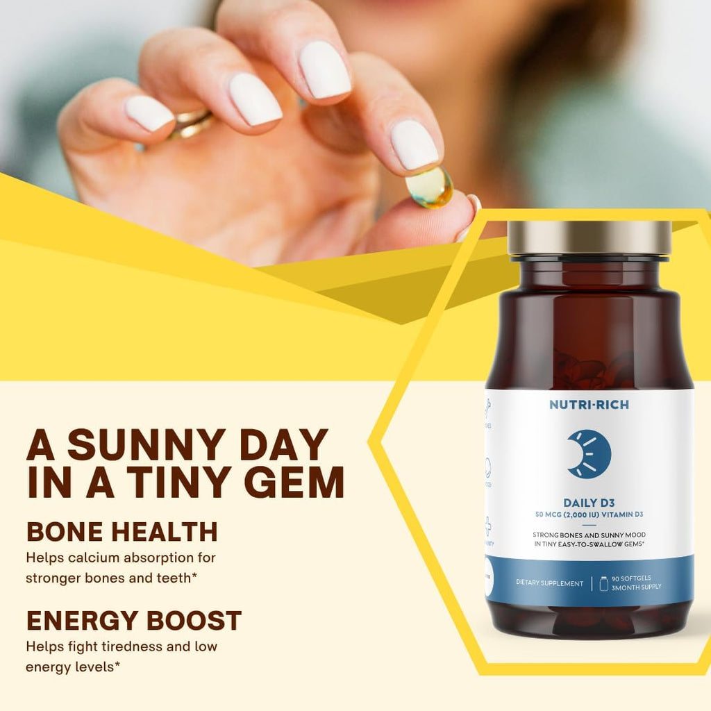 Nutri-Rich Vitamina D3 2000 UI (50 mcg) – Alta Potencia con Aceite MCT, No OGM, Sin Gluten, 90 Cápsulas Blandas