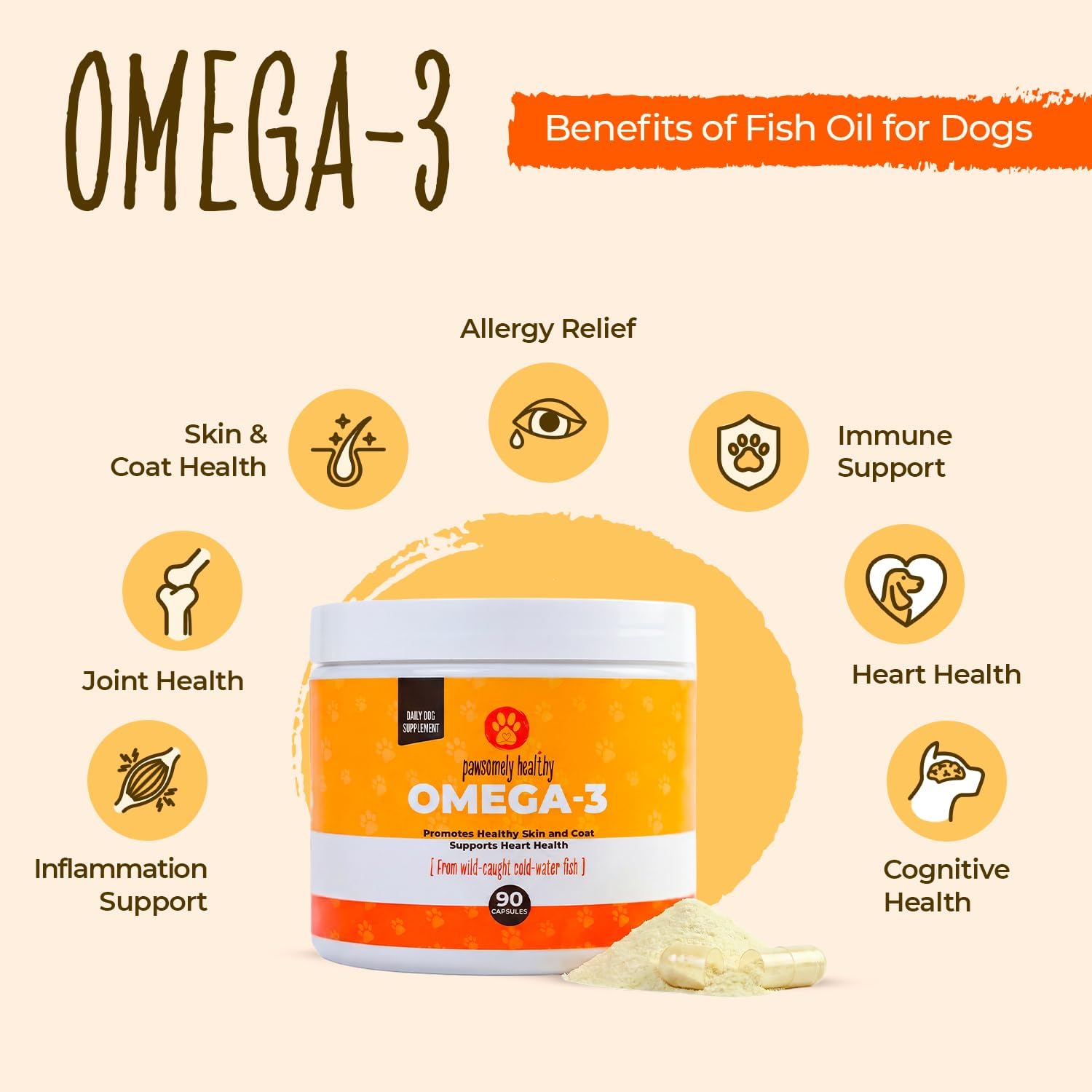 Pawsomely Healthy Omega-3 para Perros – Aceite de Anchoa Salvaje en Cápsulas – 90 uds