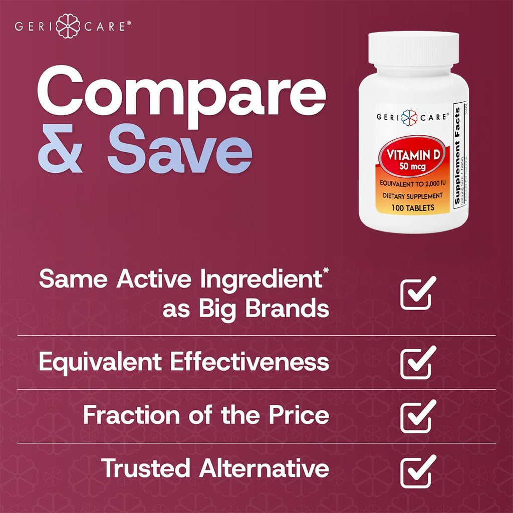 GeriCare Vitamina D 50 mcg (2000 UI) – 100 Comprimidos – Salud Ósea, Función Muscular y Apoyo Inmune