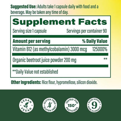 MegaFood Extra Strength Metil B12 3000 mcg, 90 Cápsulas