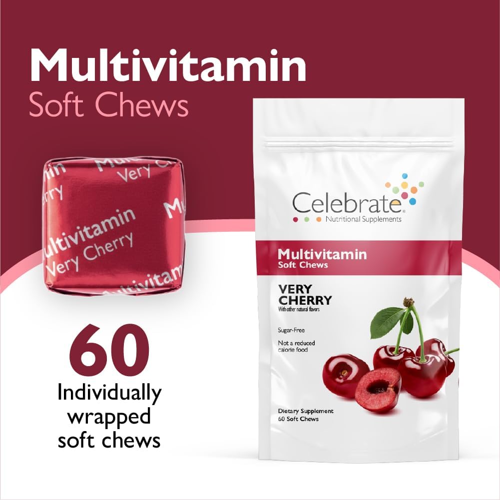 Celebrate Vitamins Multivitamínico Bariátrico en Pastillas Blandas - Vitaminas y Minerales Esenciales, Sin Azúcar ni Gluten - Para Bypass Gástrico y Gastrectomía en Manga - Cereza (60 unidades)