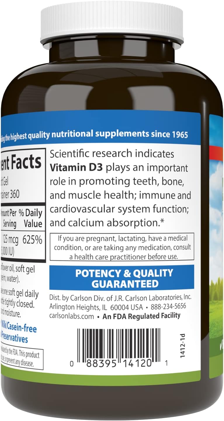 Carlson Vitamin D3 5,000 IU - 360 Softgels for Bone and Immune Health