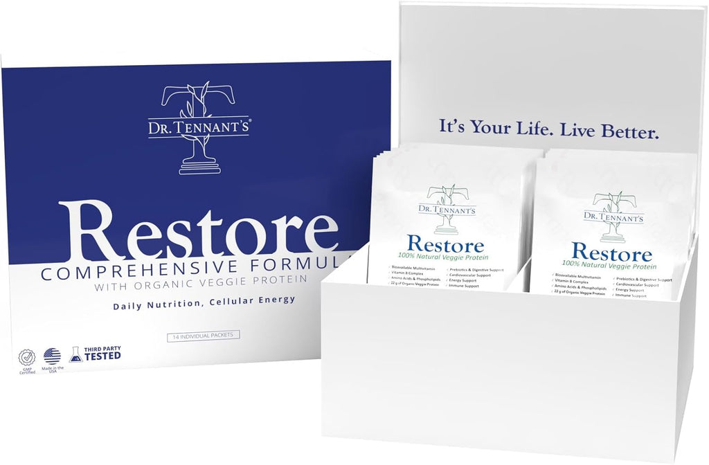Dr. Tennant's Restore Vanilla Shake | 50+ Vitaminas Metiladas | 23g Proteína Vegana | 14 Días