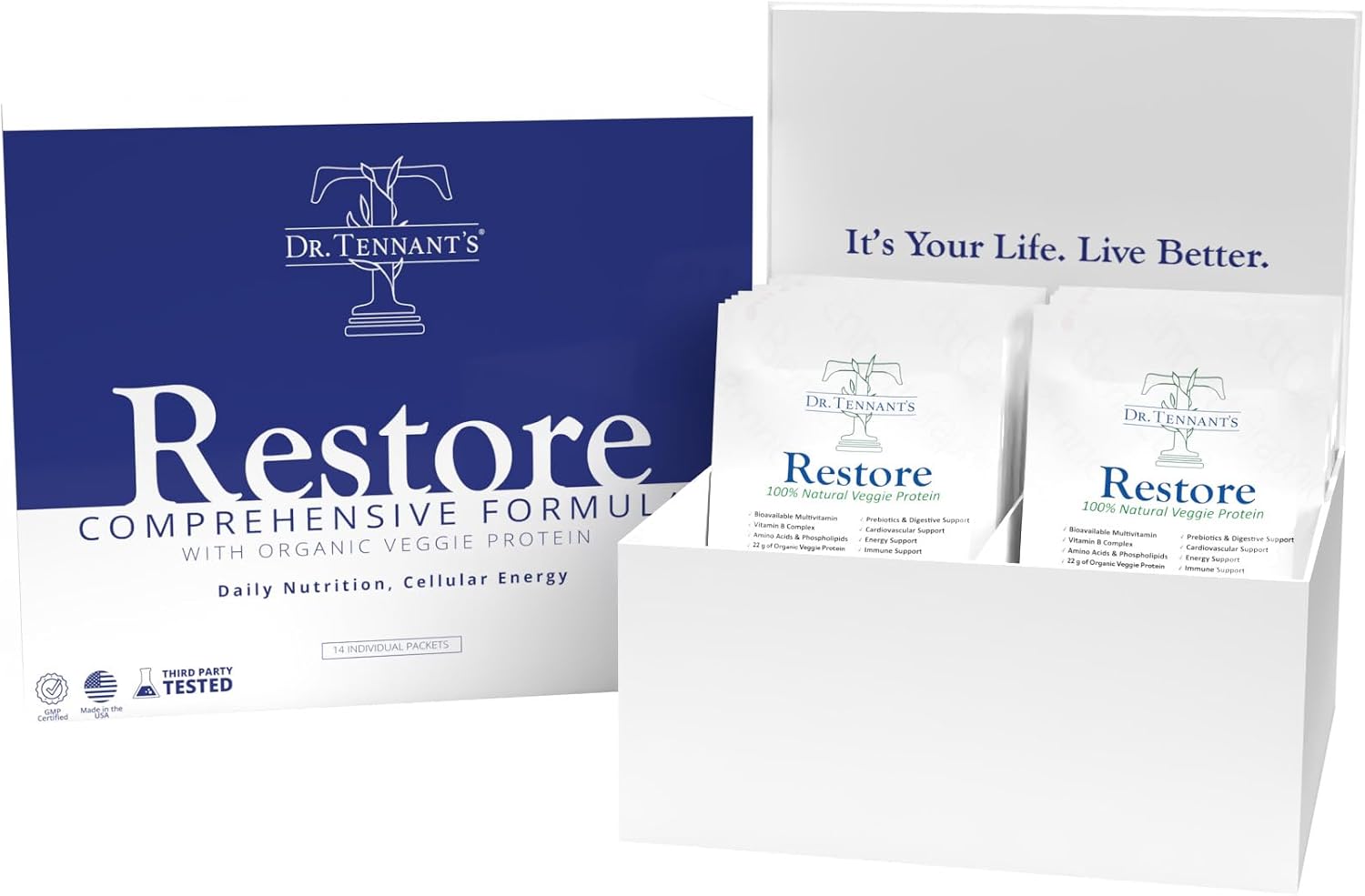 Dr. Tennant's Restore Vanilla Shake | 50+ Vitaminas Metiladas | 23g Proteína Vegana | 14 Días