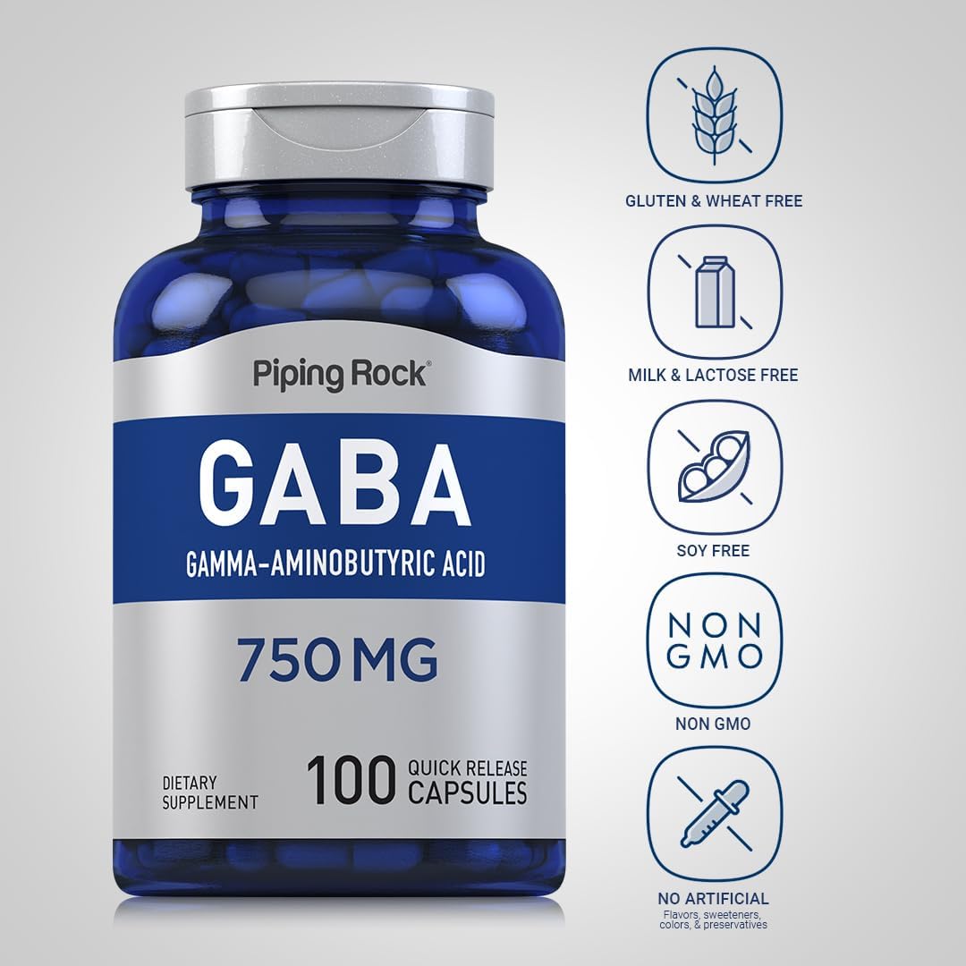 Piping Rock GABA 750 mg - 100 Capsules - Gamma-Aminobutyric Acid