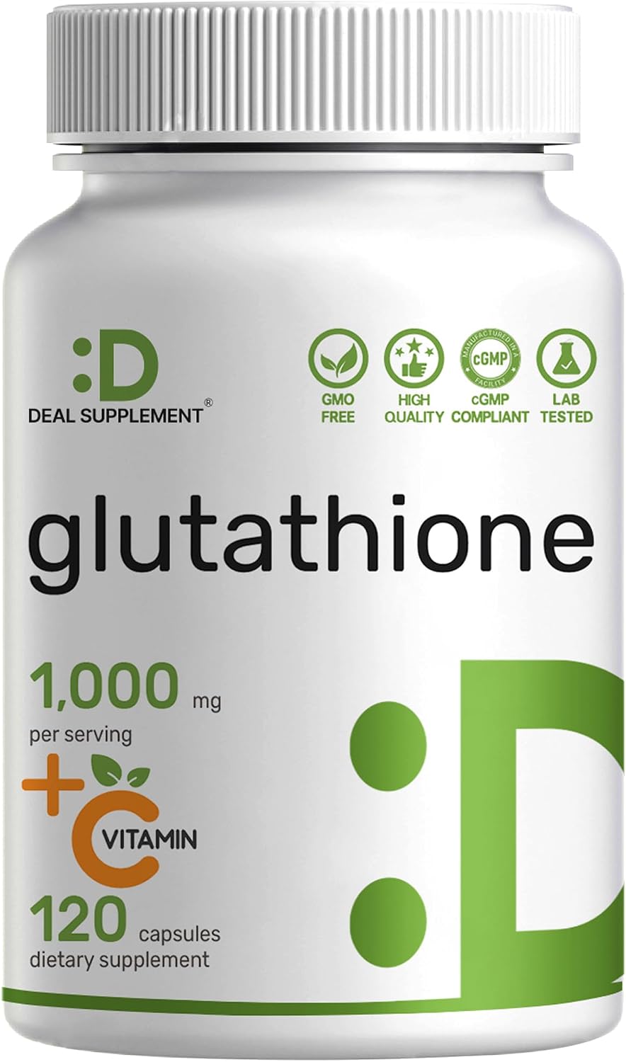 Glutathione Supplement 1,000mg Per Serving, 98% Purity | Plus Vitamin C 500mg, Active Reduced Form (GSH) | Intracellular Antioxidant – Supports Detoxification & Immune Health