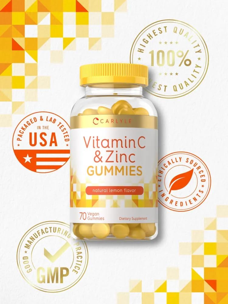 Carlyle Gomitas de Vitamina C y Zinc, 70 unidades, Sabor Limón, Suplemento Vegano, Sin OGM y Sin Gluten