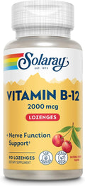 SOLARAY Vitamina B12 2000 mcg Pastillas Sabor Cereza Natural - Sin Azúcar, Vegano - 90 Pastillas