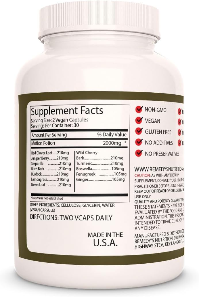 Remedy's Nutrition Motion Potion – 60 Cápsulas Veganas de 1000 mg – Suplemento Herbal – Suministro para 2 Meses