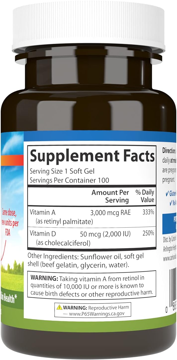 Carlson A & D, 10.000 UI (3.000 mcg RAE) Vitamina A, 5.000 UI (125 mcg) Vitamina D3, 100 Cápsulas Blandas