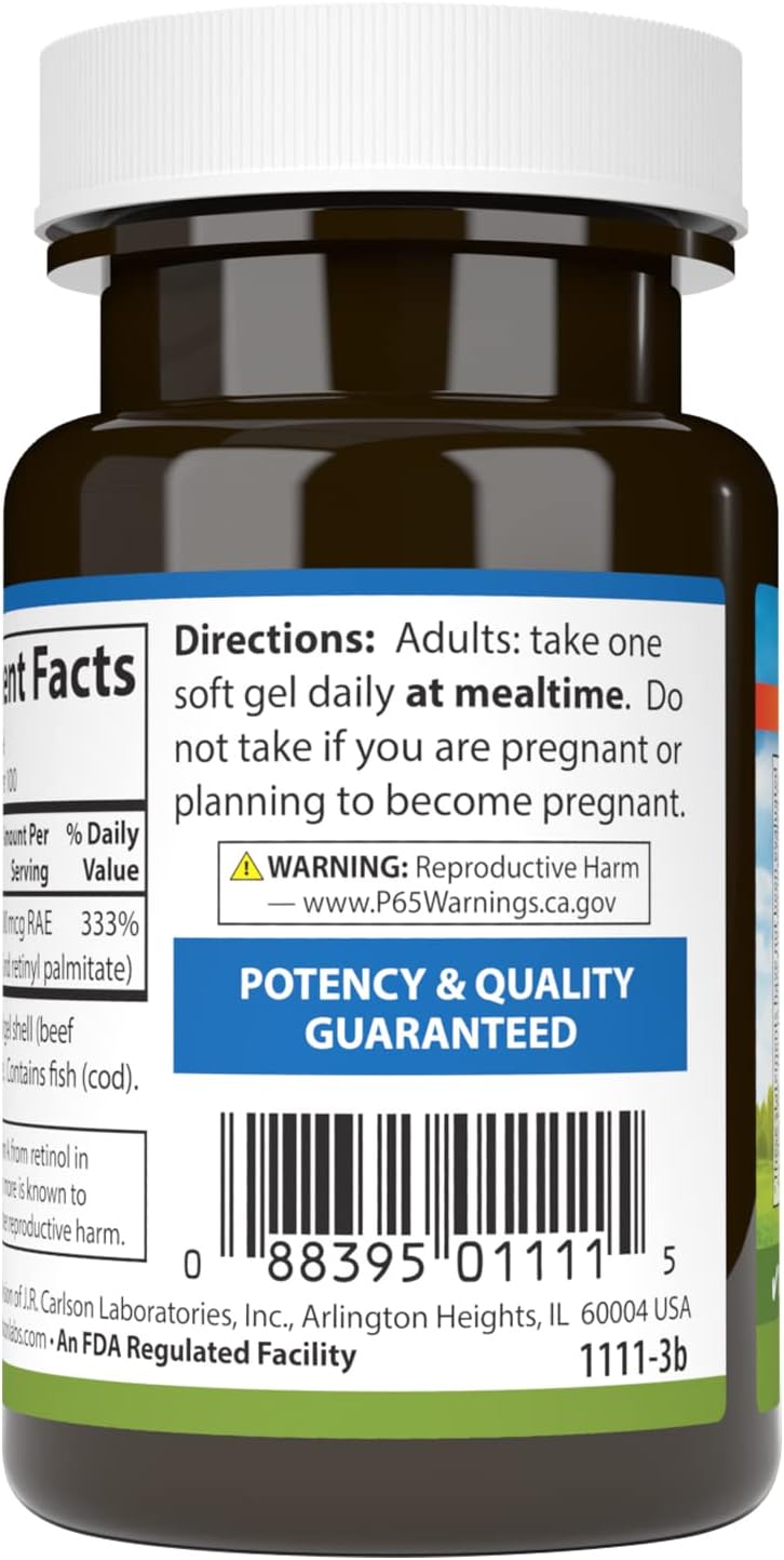 Carlson - Vitamina A, 10000 UI (3000 mcg RAE), Salud Visual, 100 Cápsulas Blandas