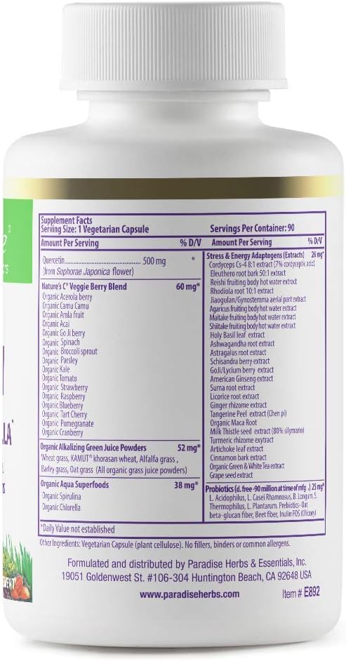 Paradise Herbs Earth's Blend Quercetina – Apoyo Inmunitario y Antioxidante con Probióticos y Adaptógenos, 90 Cápsulas Vegetarianas