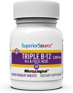 Superior Source NO Shot Triple B-12 3000 mcg B6 Ácido Fólico 800 mcg - 60 comprimidos de disolución instantánea