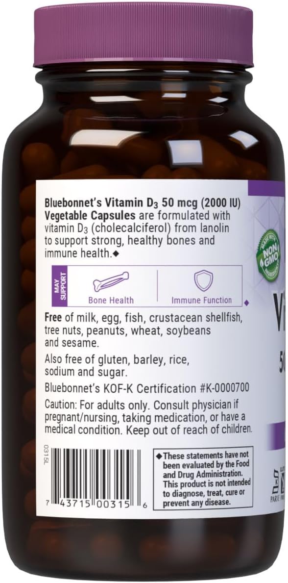 Bluebonnet Nutrition Vitamina D3 2000 UI, 180 Cápsulas Vegetales