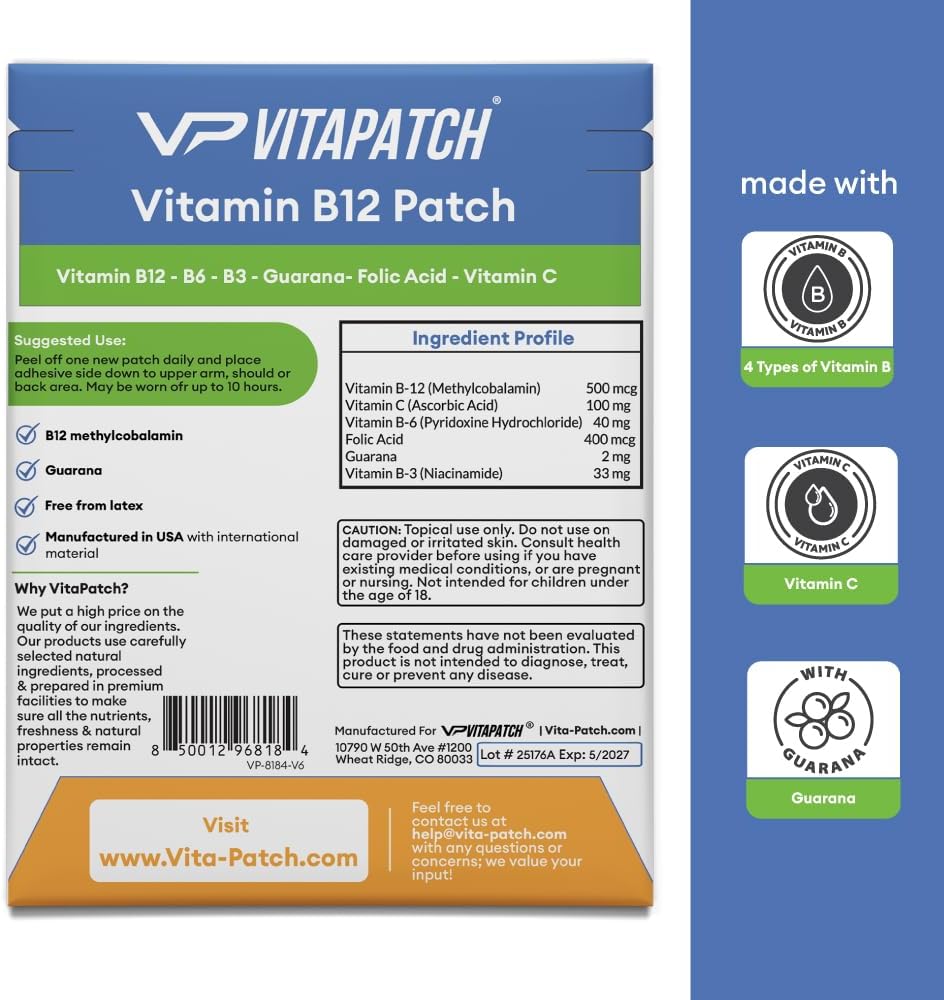 VitaPatch Parche de Vitamina B12 con Metilcobalamina y Guaraná – 30 Parches