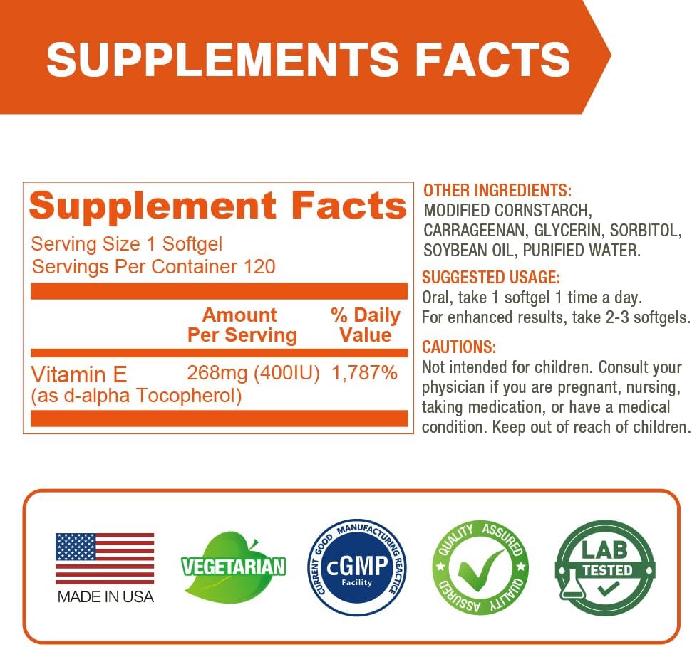 LOVITA Vitamina E 400 UI Cápsulas Blandas Veganas, Vitamina E Natural 268 mg (como D-Alfa Tocoferol), 120 Cápsulas (Pack de 3)