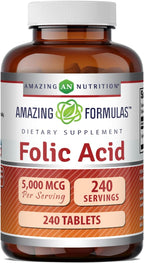 Amazing Formulas Ácido Fólico 5000 mcg por dosis | Complemento alimenticio en comprimidos | No transgénico, sin gluten | Fabricado en EE. UU. (Paquete de 3 | 120 comprimidos cada uno)