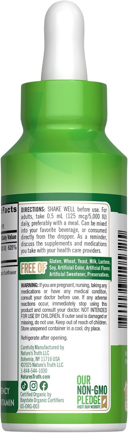 Nature's Truth Vitamina D3 Líquida | 5000 UI | 60 ml | Orgánico USDA y Sin Gluten