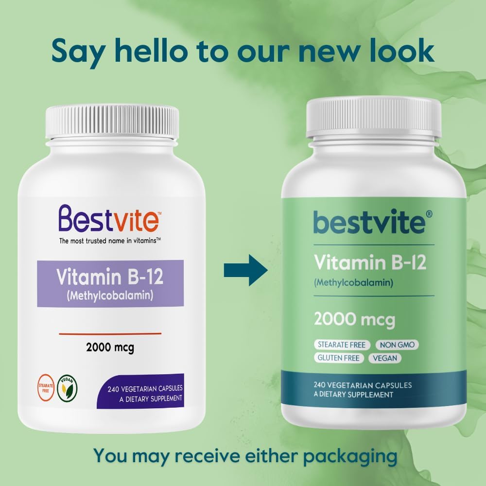 BESTVITE Vitamina B12 (Metilcobalamina) 2000mcg (240 Cápsulas Vegetarianas) - Sin Estearatos - Vegano - No OGM - Sin Gluten