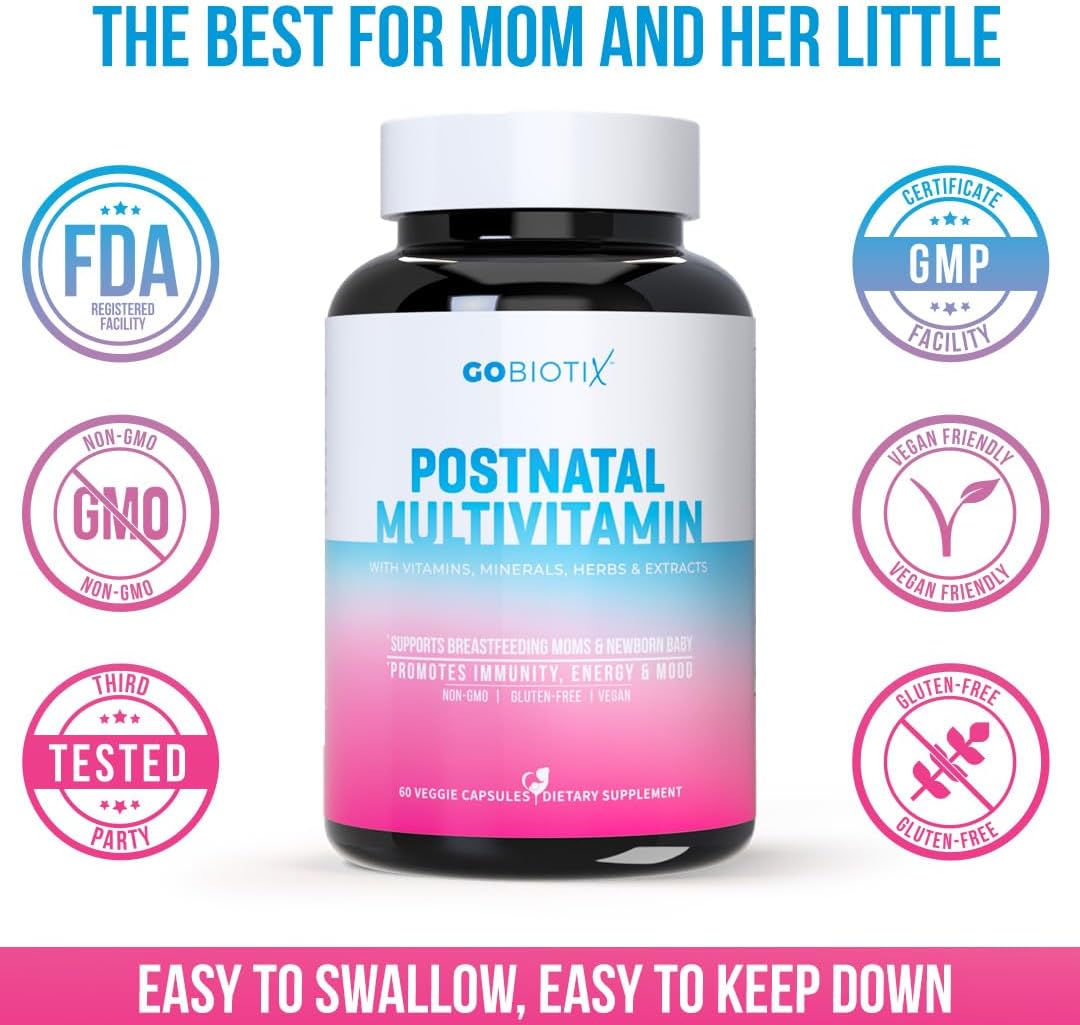 GOBIOTIX Vitaminas Postparto para Lactancia - Suplemento Postnatal con Moringa Orgánica, Vitaminas y Minerales para Madres Lactantes y el Bebé - No GMO, Vegano, 60 Cápsulas