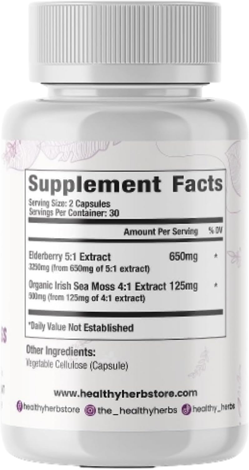 Healthy Herbs Wildcrafted Elderberry Sea Moss Capsules | 2600mg Irish Sea Moss + Elderberry | Vegano, No-GMO (60 Cápsulas)