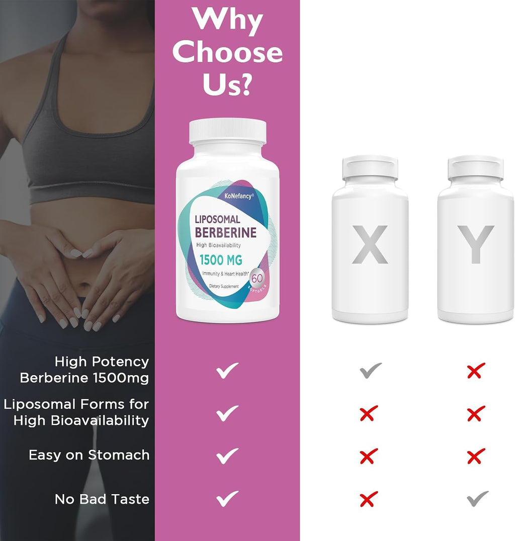 KoNefancy Berberina HCL 1500mg - Cápsulas Liposomales de Alta Biodisponibilidad, Sin OGM, Sin Azúcar, 60 Cápsulas