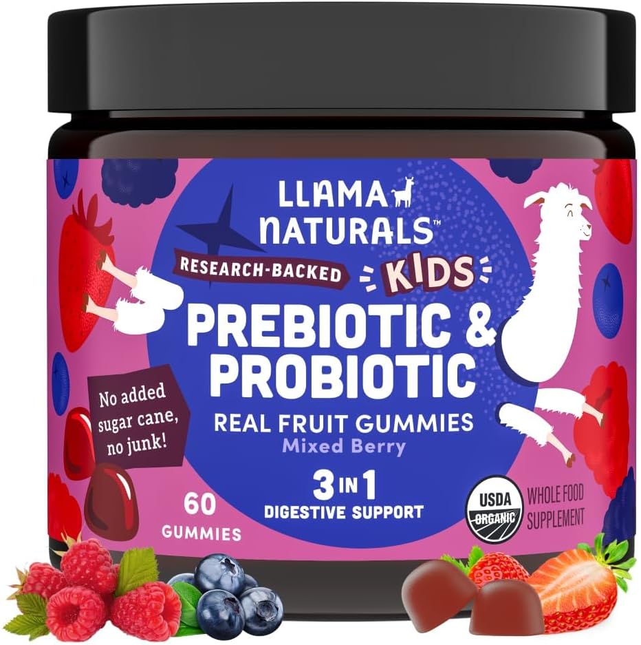 Llama Naturals Probiótico Infantil con Prebiótico, Gominolas Veganas de Fruta Real, Sin Azúcar Añadido, Mixed Berry, 60 Ct