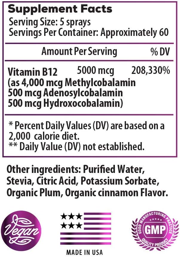 B-Bomb Triple B12 Spray 5000 mcg - Metilcobalamina, Adenosilcobalamina, Hidroxocobalamina - Sabor Orgánico Ciruela Canela