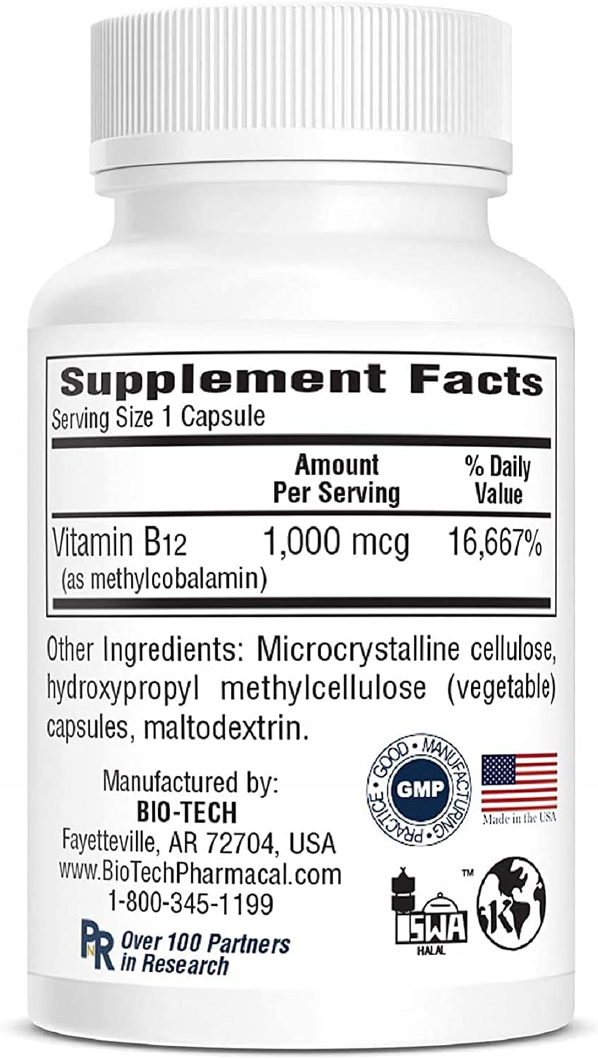 Vitamina B12 Metilcobalamina 1000 mcg - 100 Cápsulas - Bio-Tech Pharmacal