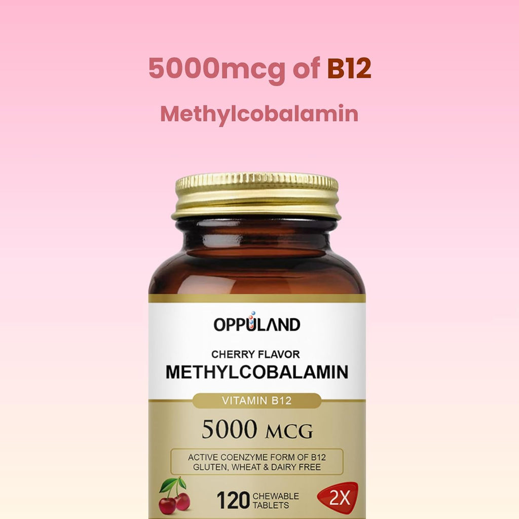 Oppuland Metilcobalamina B12 5000 mcg con Folato - Comprimidos Masticables Sabor Cereza - 120 Unidades