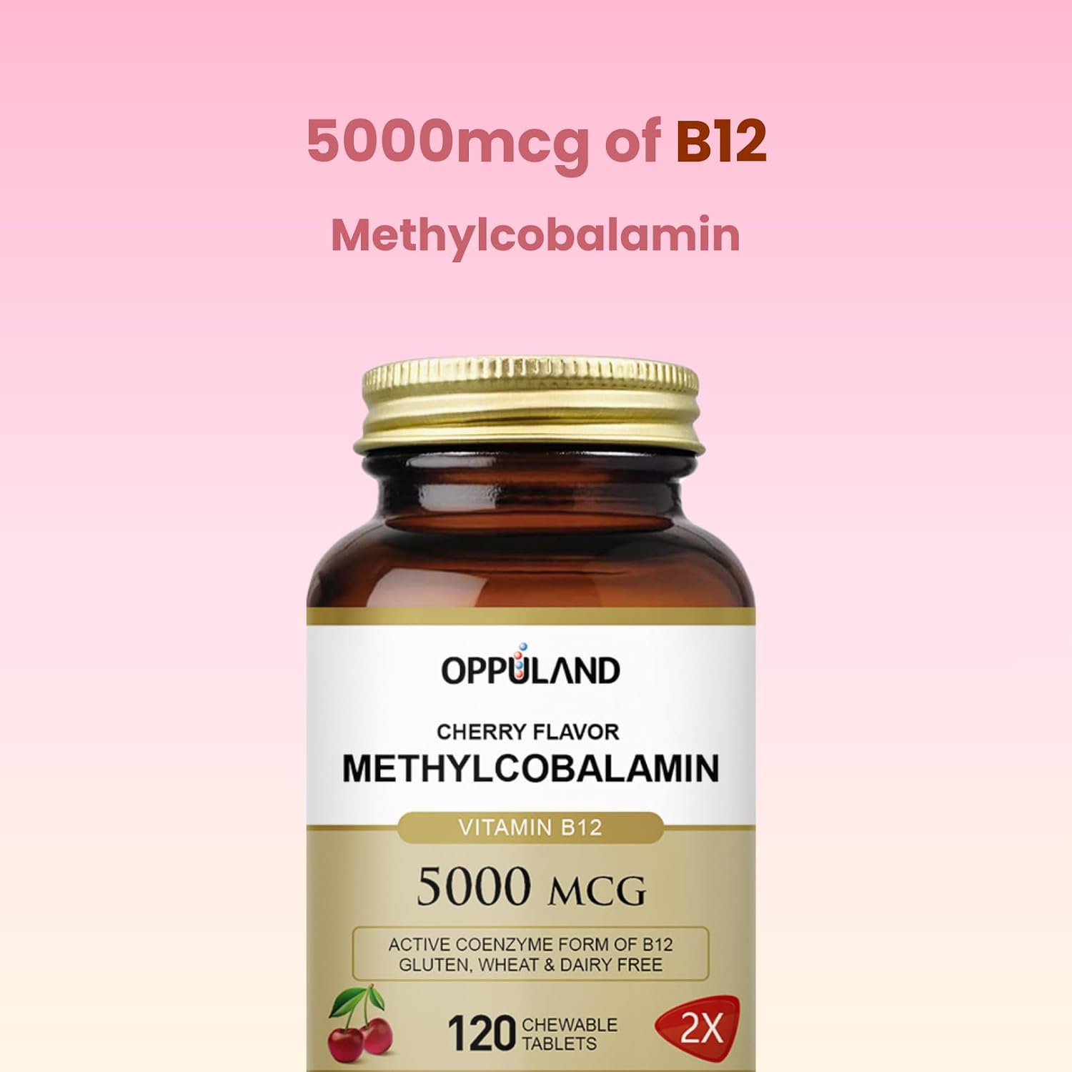 Oppuland Metilcobalamina B12 5000 mcg con Folato - Comprimidos Masticables Sabor Cereza - 120 Unidades