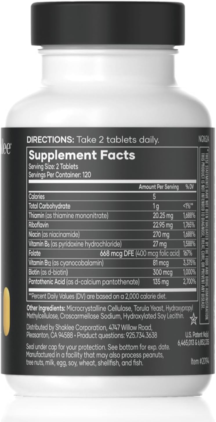 Shaklee - Complejo B - Impulso de Energía con Sistema de Absorción Bioactivada Patentado - Vitaminas B para el Bienestar - Apoya la Energía, Salud Cardiovascular y Cerebral - 240 Comprimidos