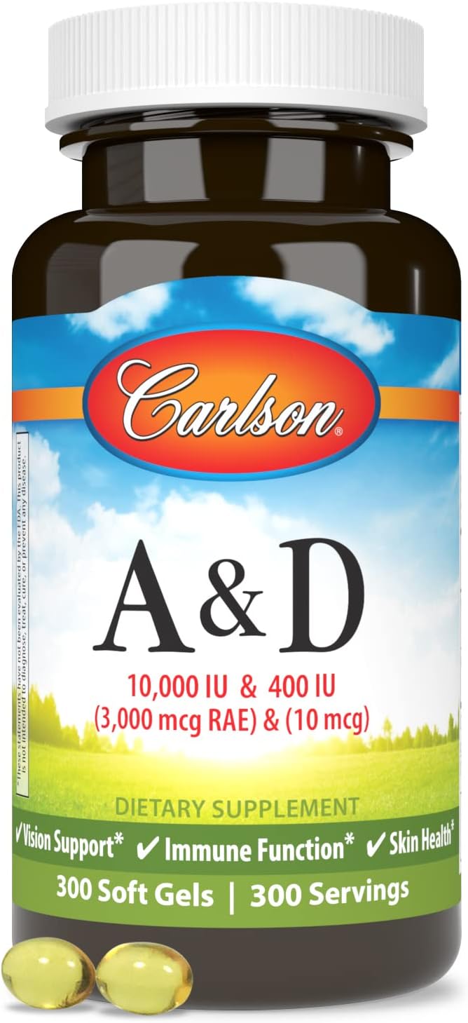 Carlson - Vitamina A y D3, 10000 UI (3000 mcg RAE) de Vitamina A, 400 UI (10 mcg) de Vitamina D3, 300 Cápsulas Blandas