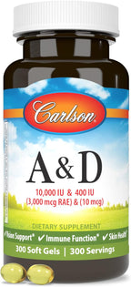 Carlson - Vitamina A y D3, 10000 UI (3000 mcg RAE) de Vitamina A, 400 UI (10 mcg) de Vitamina D3, 300 Cápsulas Blandas