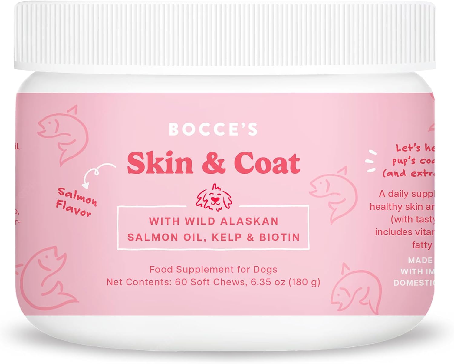 Bocce's Bakery Suplemento para la Piel y el Pelaje de Perros - Masticables Diarios con Vitamina E y Ácidos Grasos Esenciales - Sabor Salmón - 60 unidades