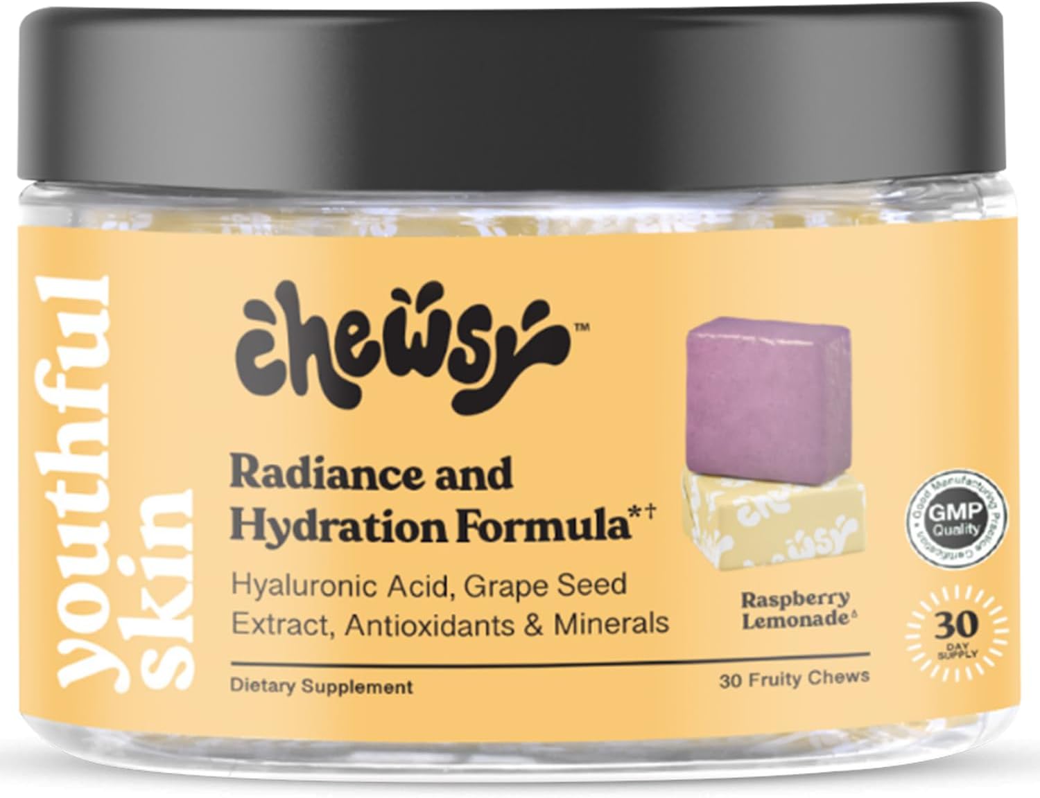 Chewsy Youthful Skin - Gomitas de vitaminas para una piel radiante e hidratada, con ácido hialurónico, extracto de semilla de uva, antioxidantes y minerales, sabor frambuesa limón (envase de 6 días)