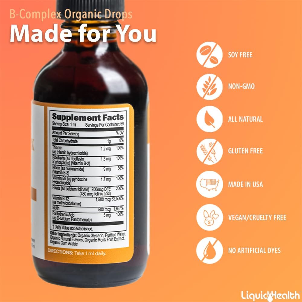 LIQUIDHEALTH Gotas de Complejo B Orgánico USDA para Hombres y Mujeres - Energía Natural, Enfoque, Memoria y Estado de Ánimo, Apoyo Inmunológico, Impulso al Metabolismo - Fabricado en EE. UU., Sin Azúcar, Vegano (2 Paquete)