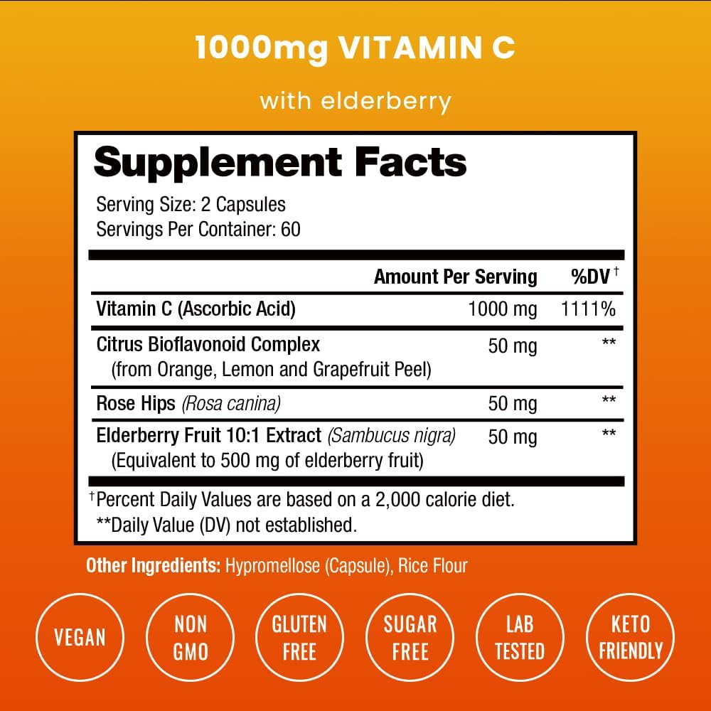 NutraChamps Vitamina C 1000 mg con Escaramujo, Saúco y Bioflavonoides Cítricos - Cápsulas para Inmunidad