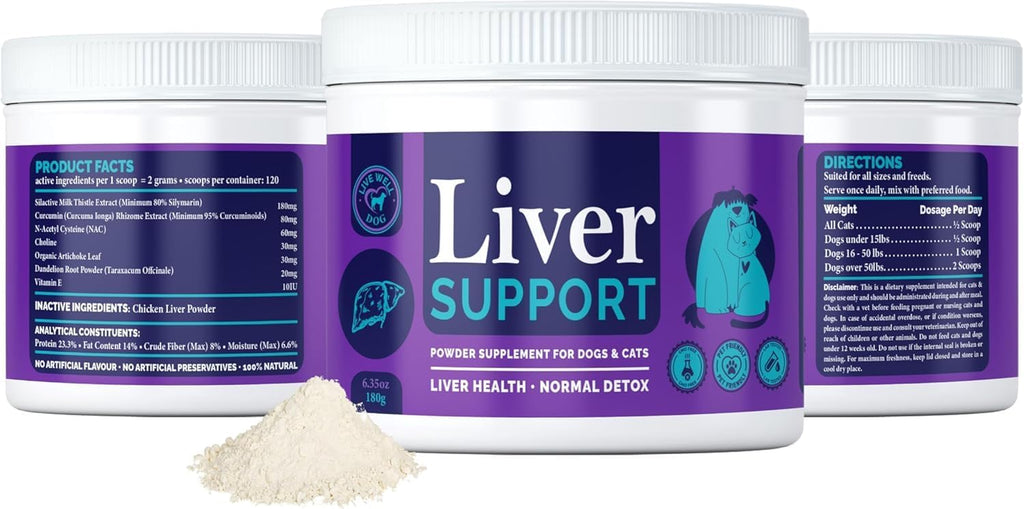 Live Well Dog Liver Support – Detox & Immunity Booster para Perros y Gatos | Cardo Mariano, NAC, Diente de León | 180 g