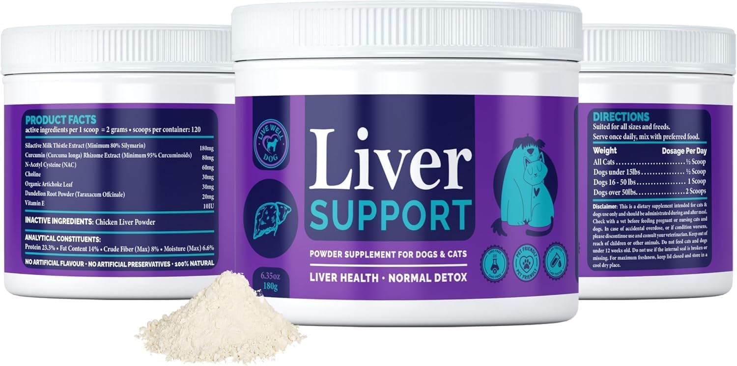 Live Well Dog Liver Support – Detox & Immunity Booster para Perros y Gatos | Cardo Mariano, NAC, Diente de León | 180 g
