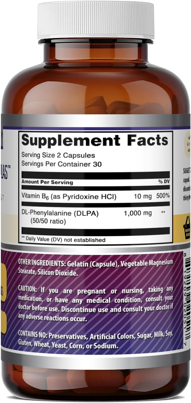 Amazing Formulas DLPA (DL-Fenilalanina) | 1000 mg por ración | 60 cápsulas | Sin OGM | Sin gluten | Fabricado en EE. UU.