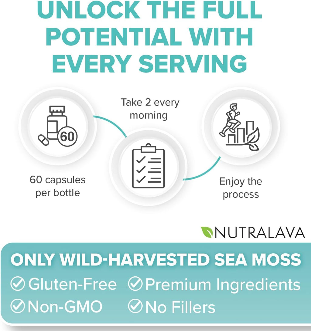 NUTRALAVA Sea Moss Capsules - Irish Sea Moss, Black Seed Oil, Ashwagandha - 60 Cápsulas