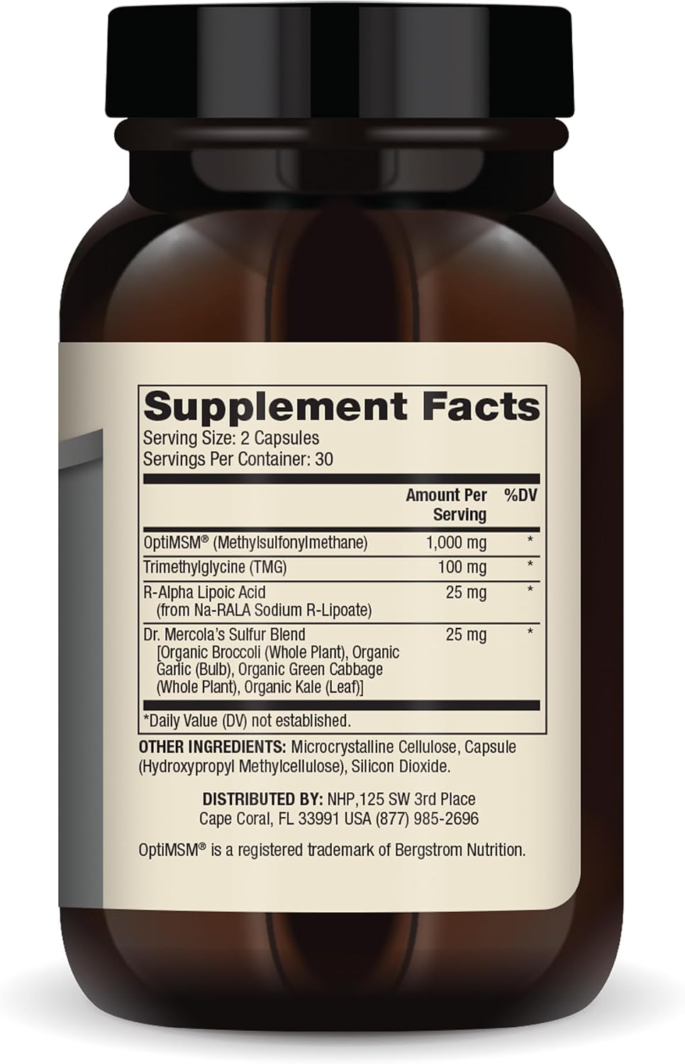 Dr. Mercola MSM Sulfur Complex - Apoyo Articular y Salud Celular - OptiMSM - R-Ácido Alfa Lipoico - TMG - Mezcla de Azufre Orgánico - 60 Cápsulas (30 Porciones)