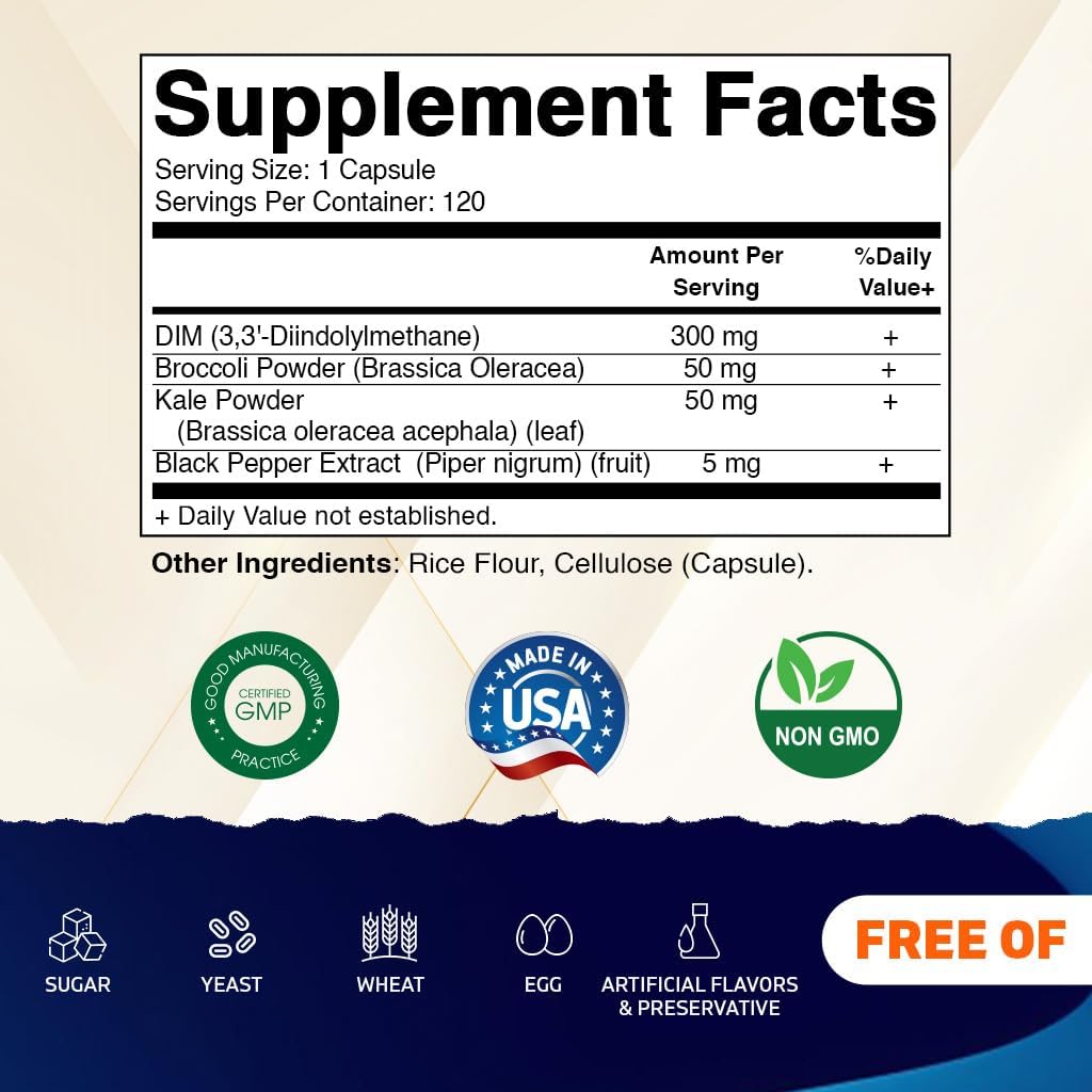 Vitamatic Complejo de DIM 300mg - 120 Cápsulas Veganas - con Brócoli, Kale y Pimienta Negra - No-GMO y Sin Gluten
