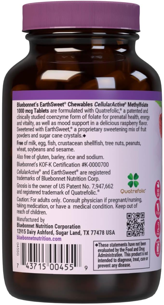 Bluebonnet EarthSweet Methylfolate 1000 µg - Folato Activo 5-MTHF - 90 Comprimidos Masticables Sabor Frambuesa