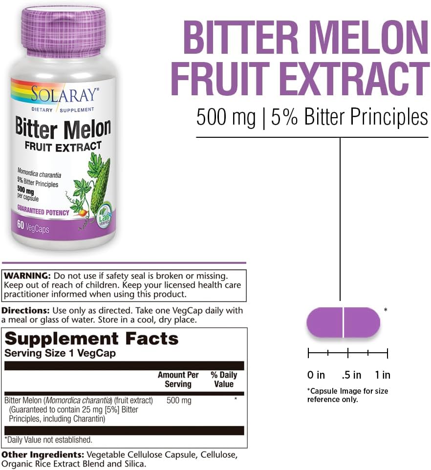 SOLARAY Extracto de Melón Amargo 500mg con 5% de Principios Amargos - 60 Cápsulas Vegetales
