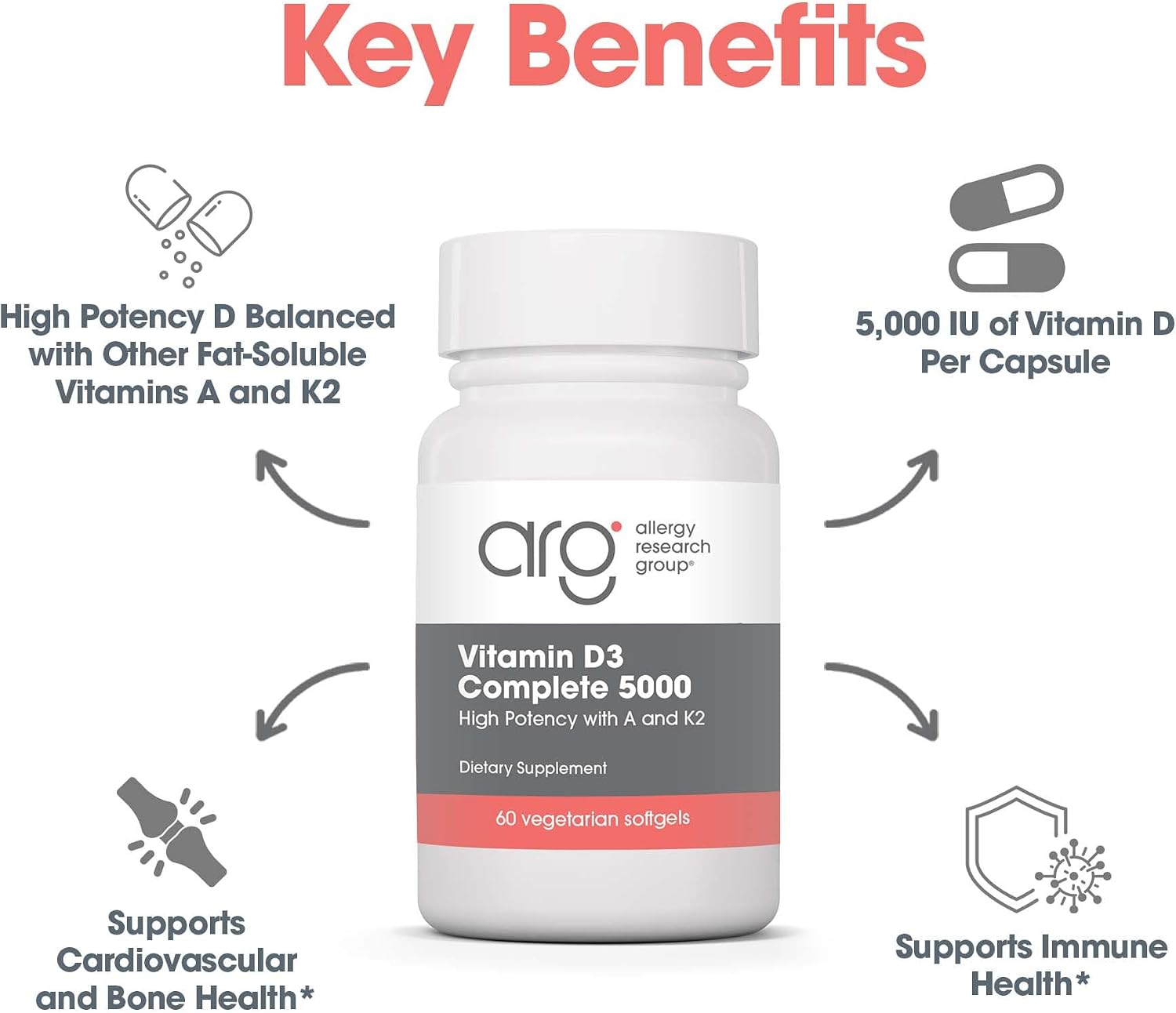 Allergy Research Group Vitamina D3 Completa 5000 - 125 mcg con Vitamina A y K2