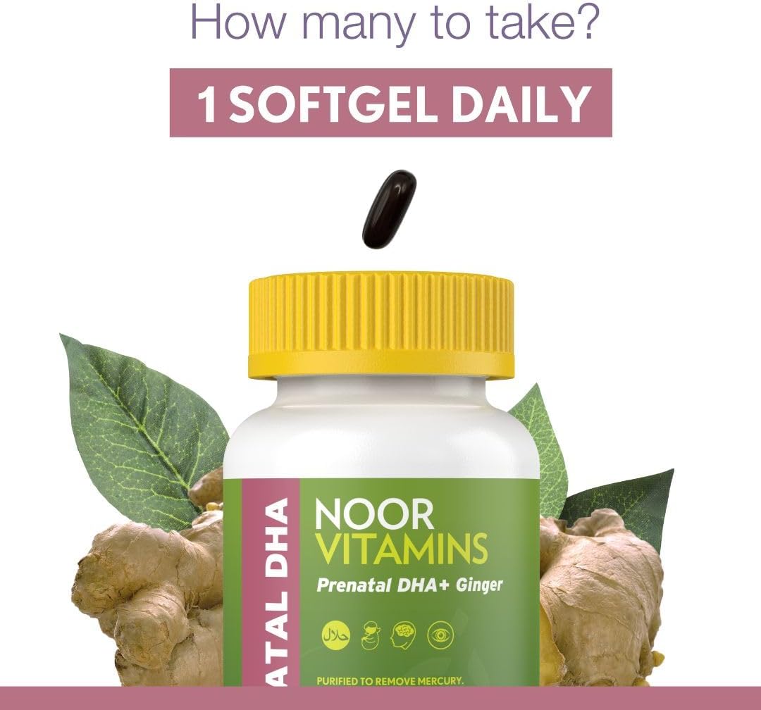 Noor Vitamins Vitaminas Prenatales Halal con DHA y Ácido Fólico, Jengibre, Hierro, 90 Cápsulas Blandas